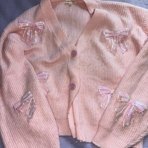 Main Strip Pastel Pink Bow-Embellished Knit Cardigan